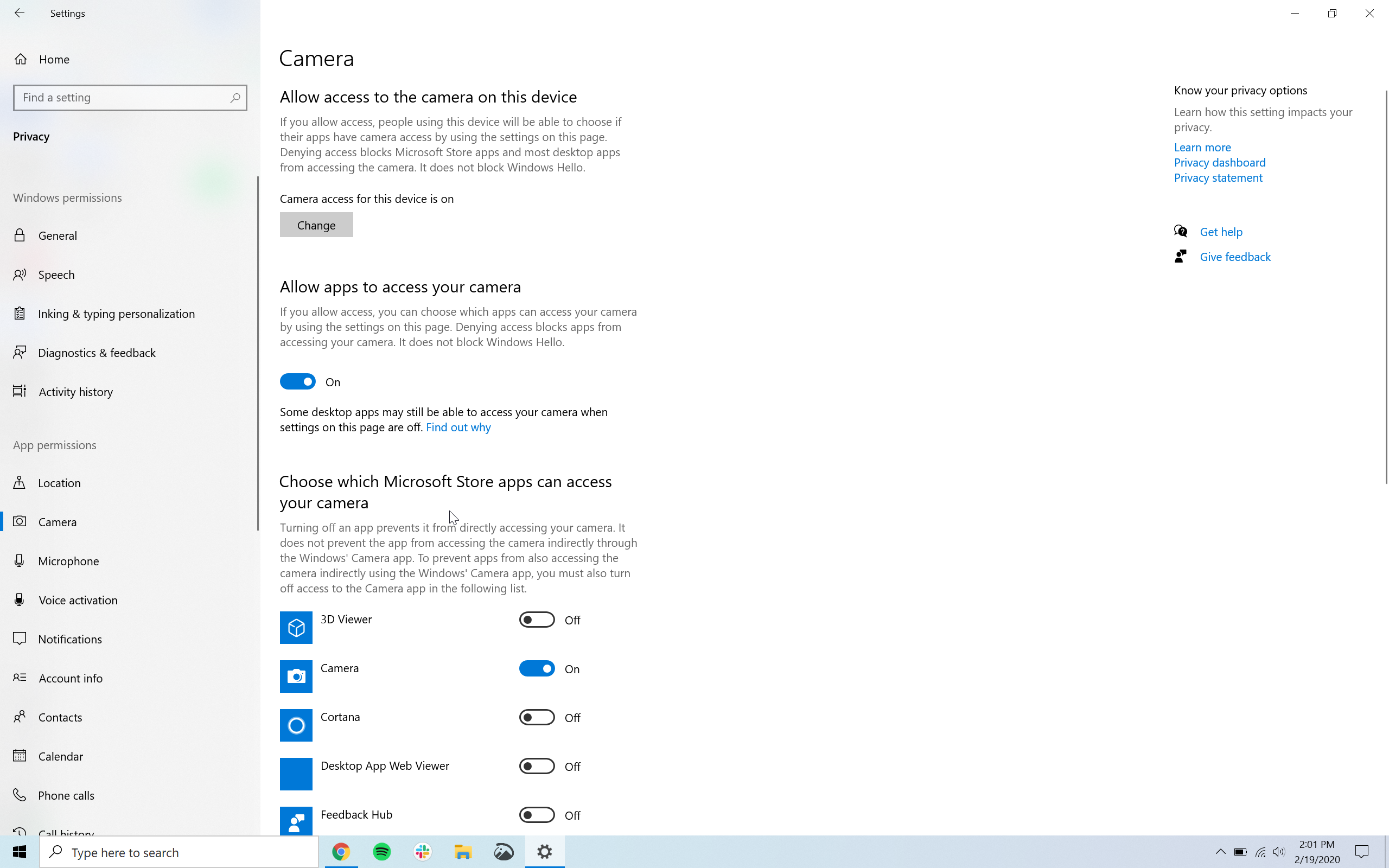 allow camera on windows 10