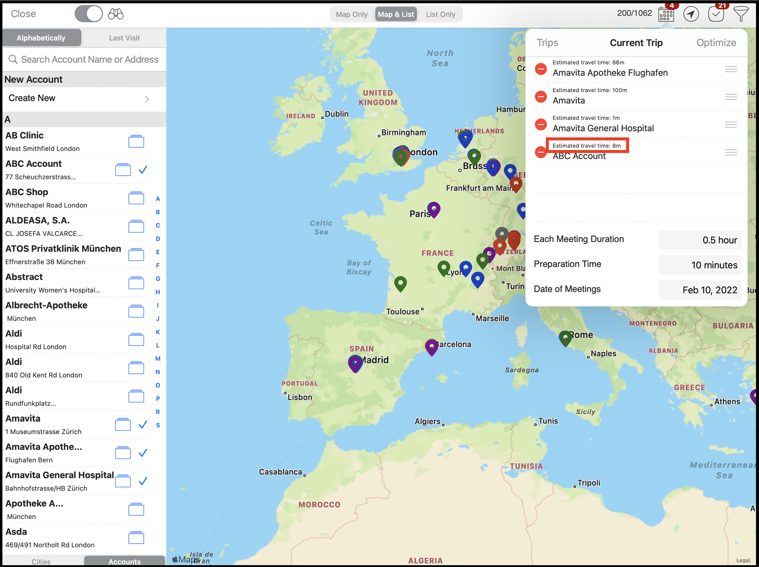 Estimated travel time for each account