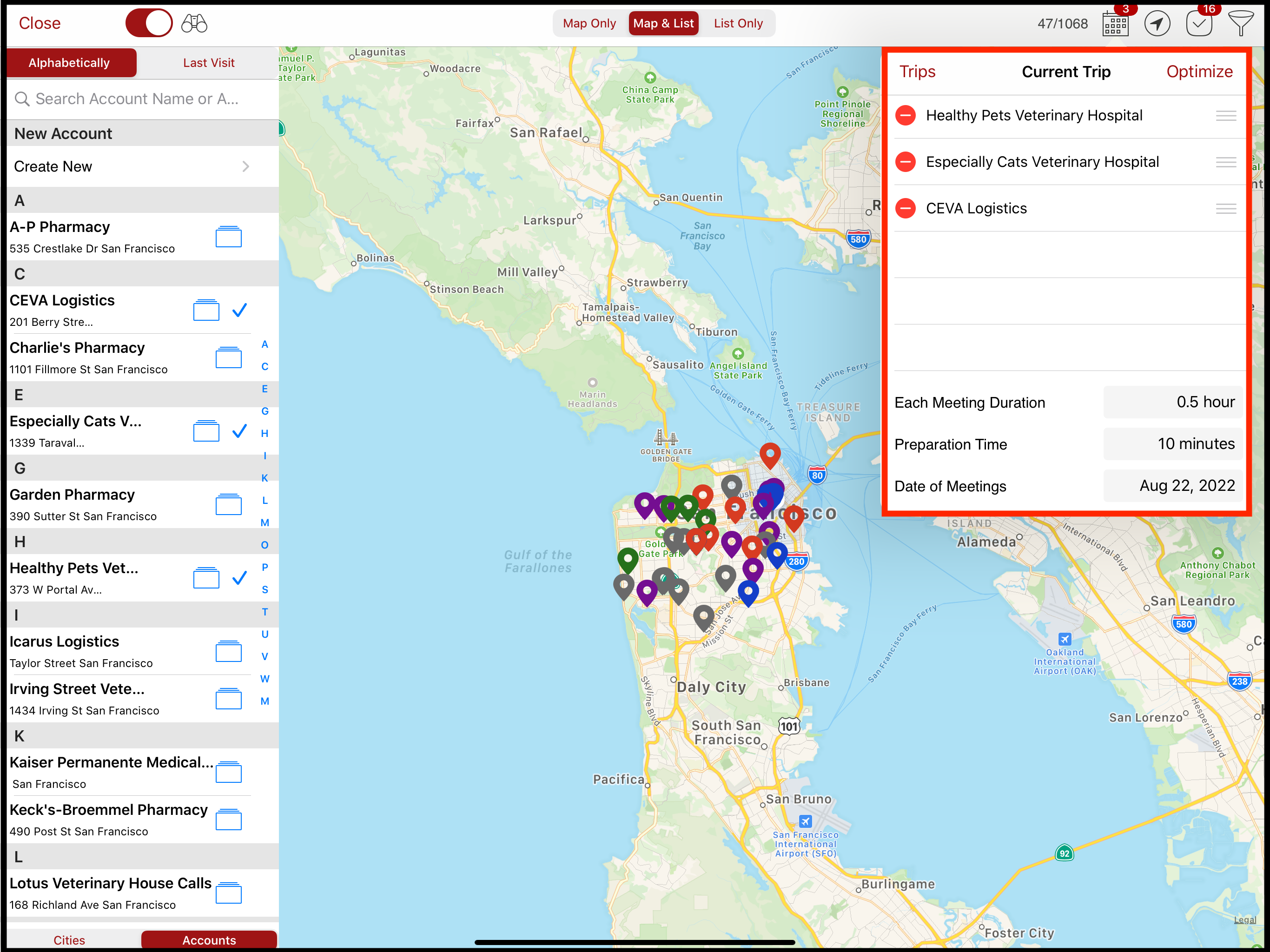 Popover window showing form controls and pre-optmimized routes