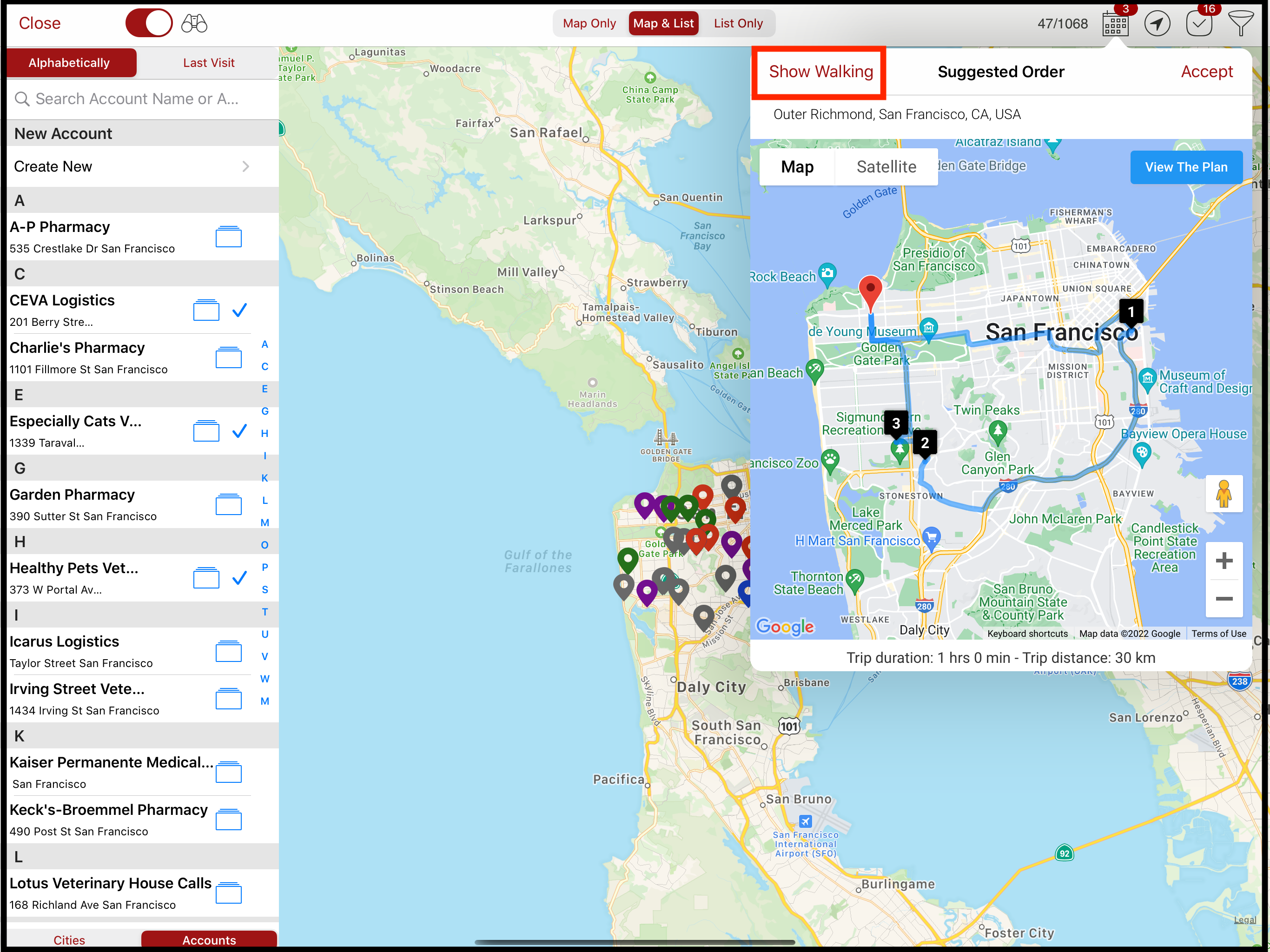 Tap on Show walking for optimized map based on walking