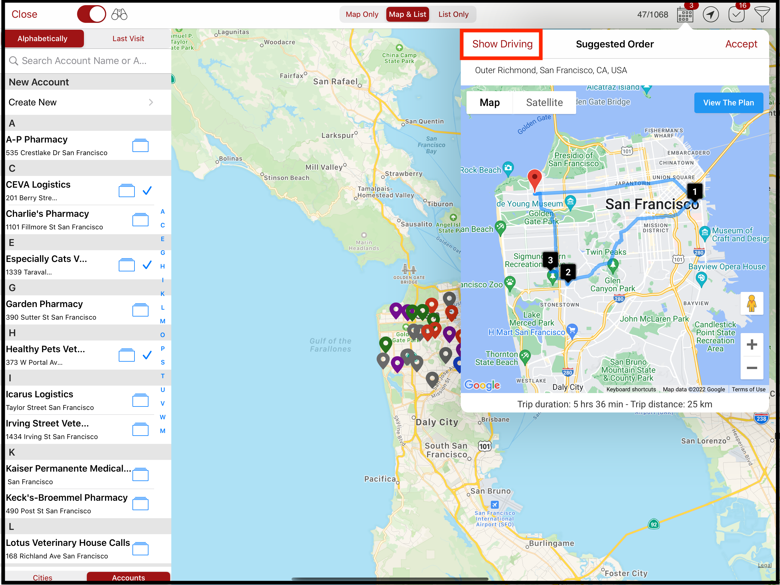 Tap on Show Driving for optimized map based on driving