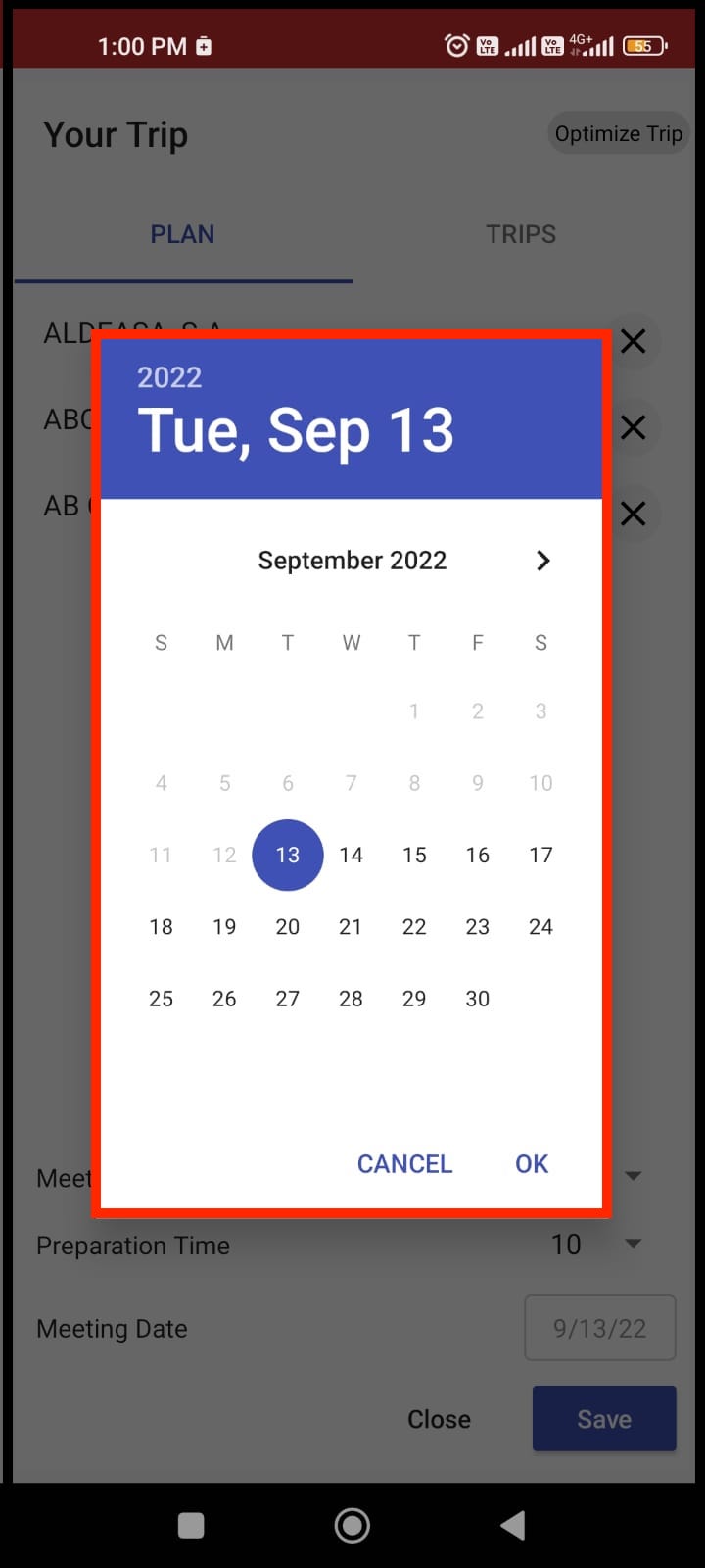 Calendar to select date