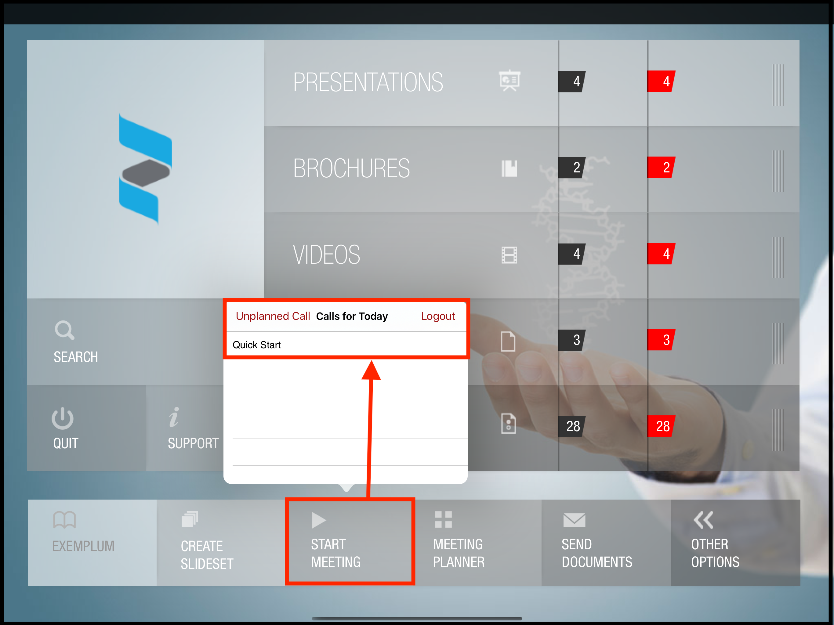 Start meeting menu on home screen