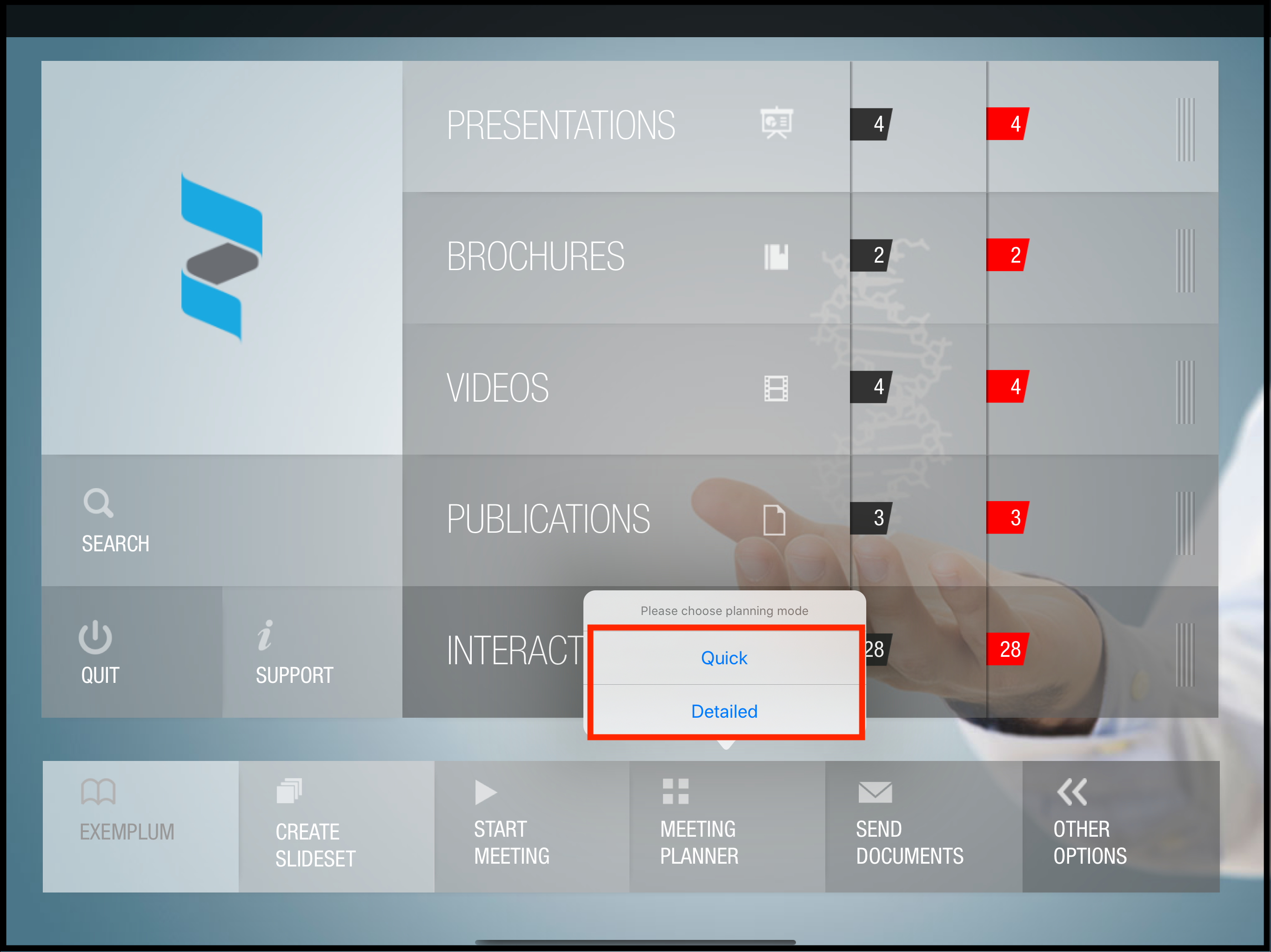 Meeting planner menu in home screen