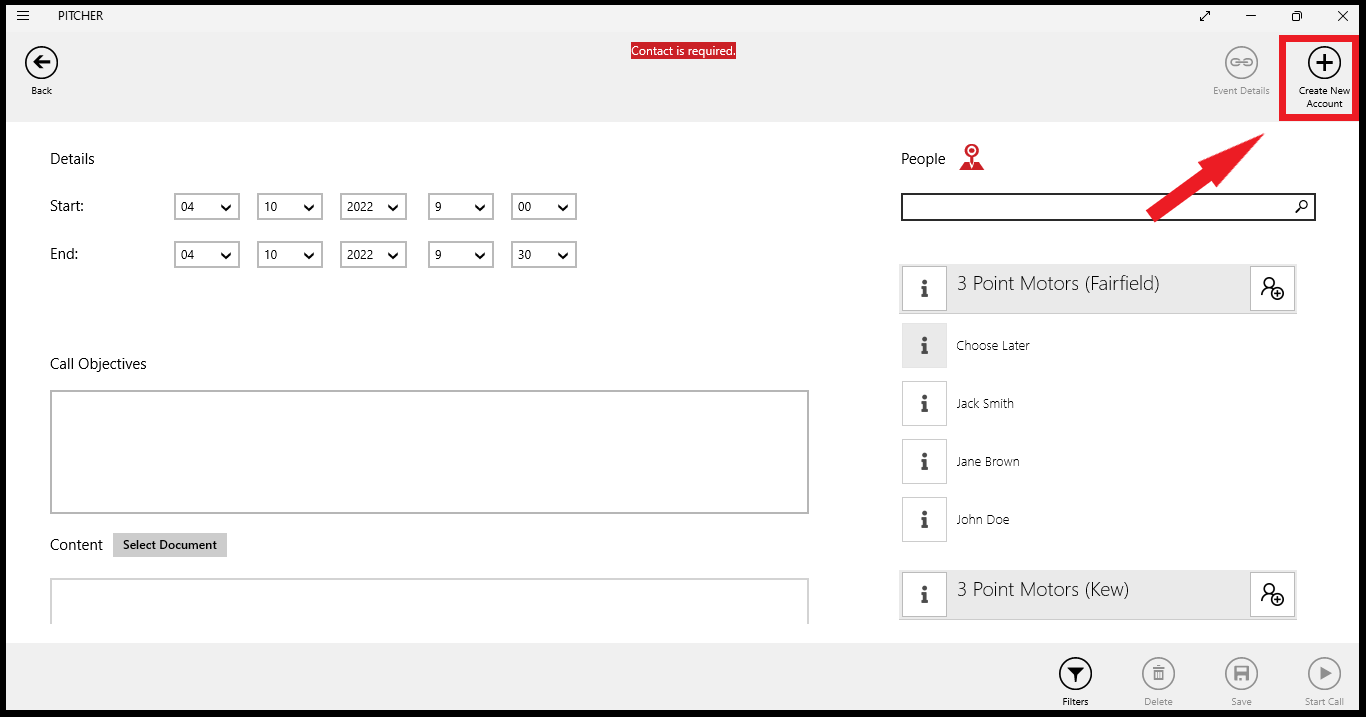 Create new account option in pre-call form