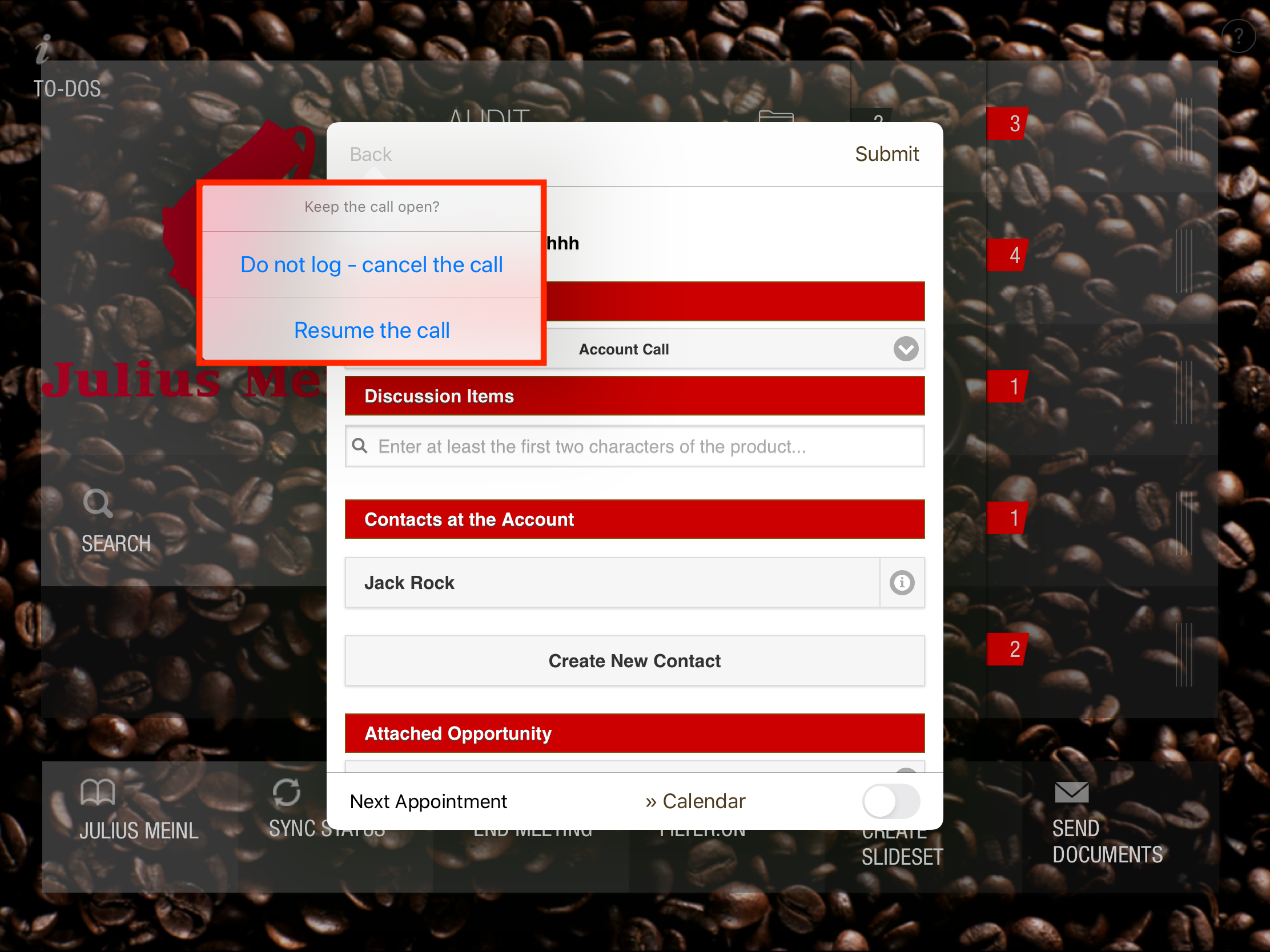 Option for Back in Post call Form