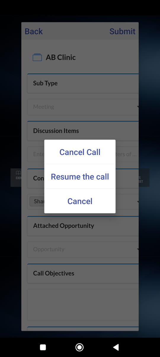 Options for the back button in Post Call form