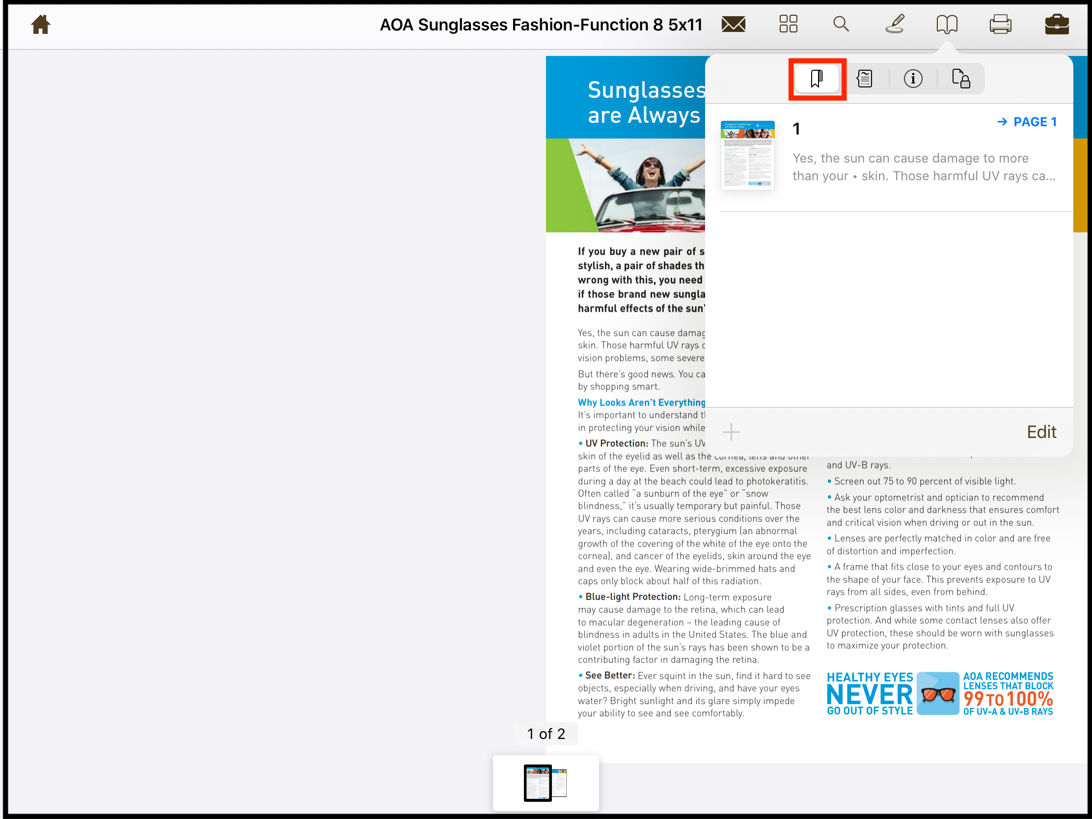 Checking bookmarks in the PDF
