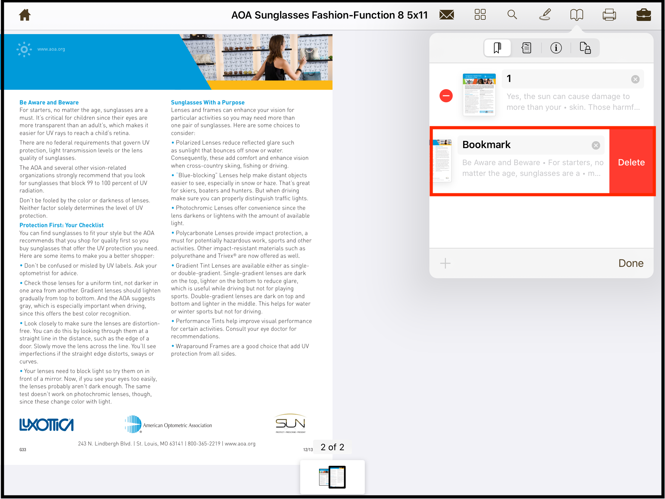 Deleting a bookmark in the PDF