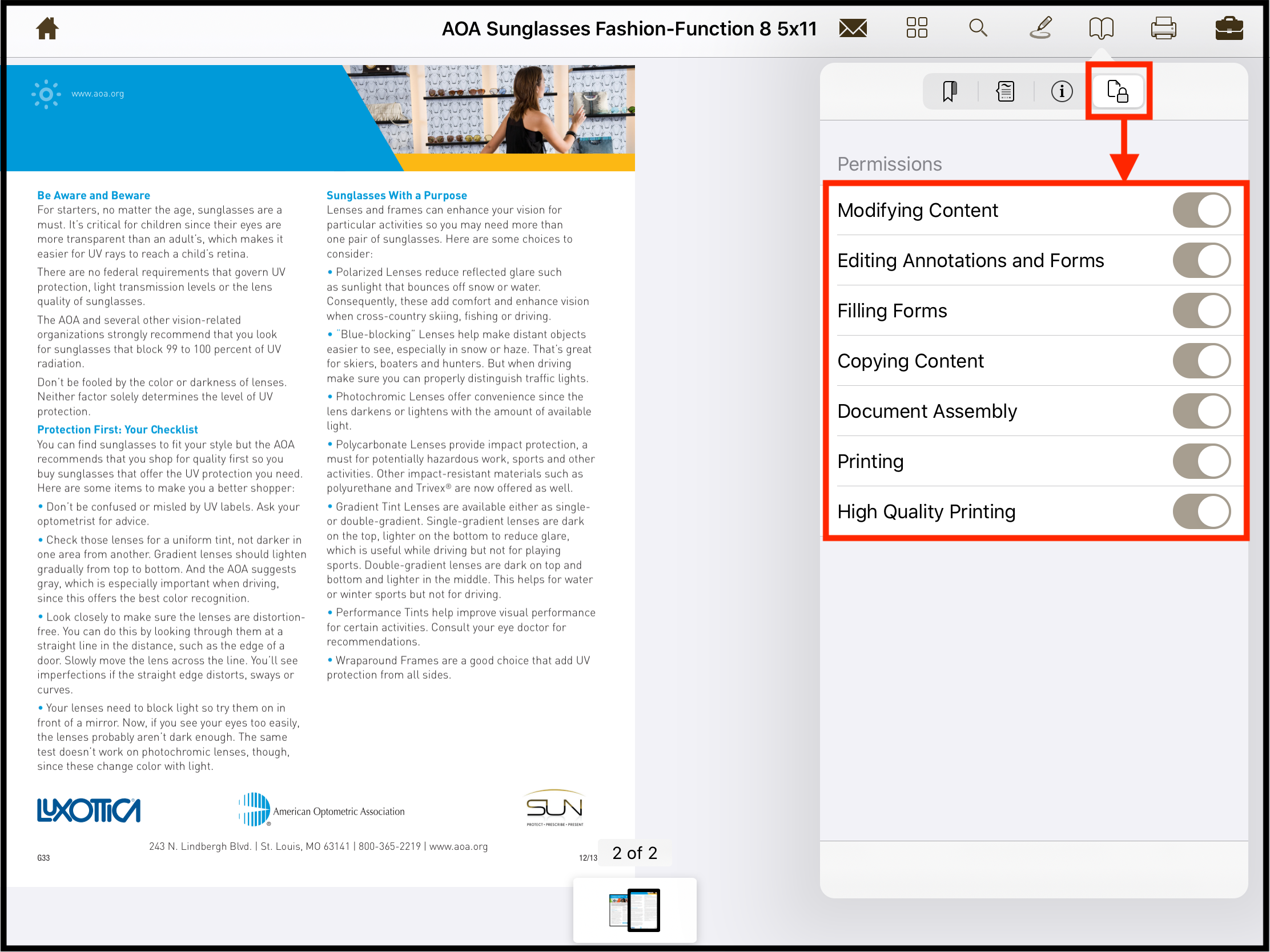 Check list of permissions in the PDF