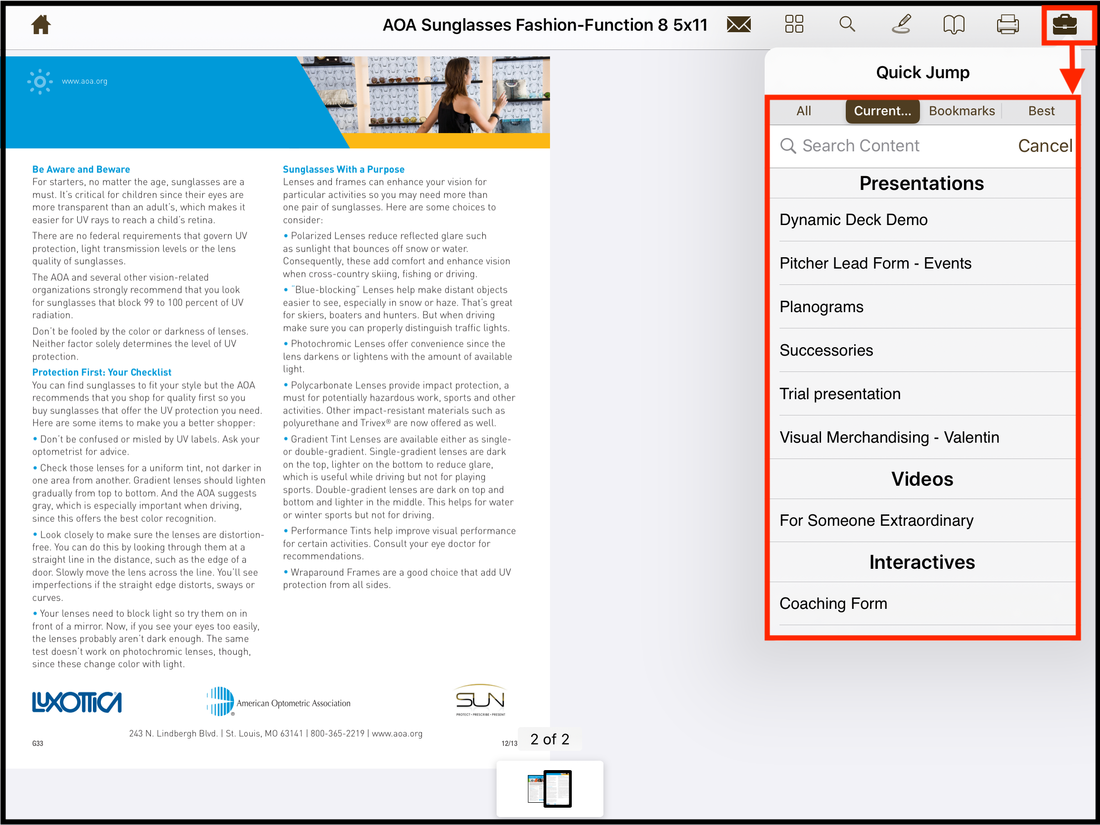 Brief case button for quick jump