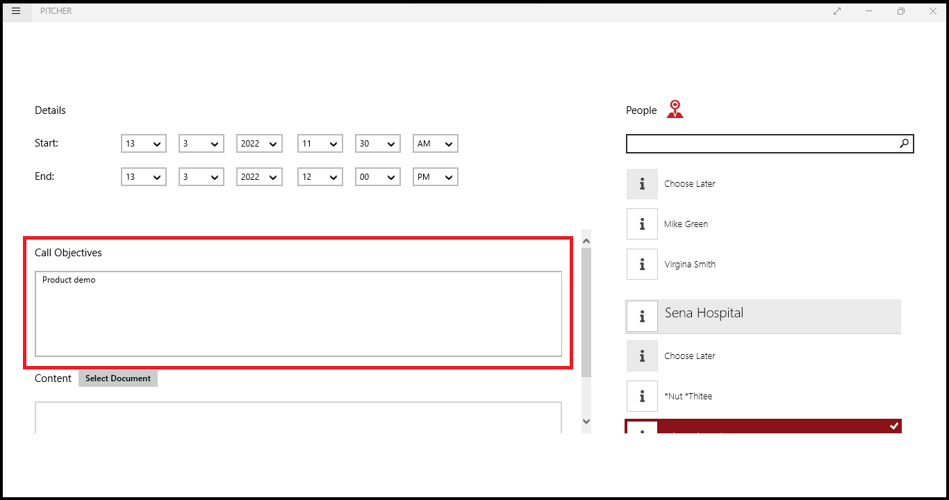 Call objective for the detailed call