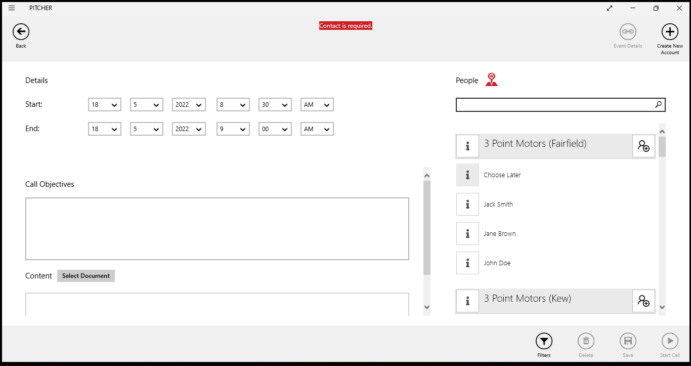 Pre-call form