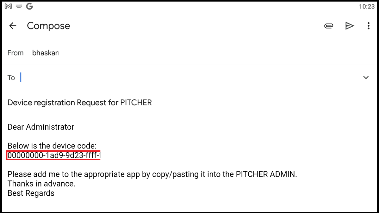Email template with the device code to be sent to the system admin