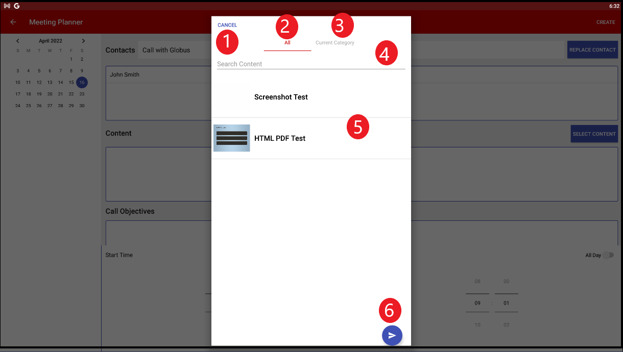 Content Selection pop up window