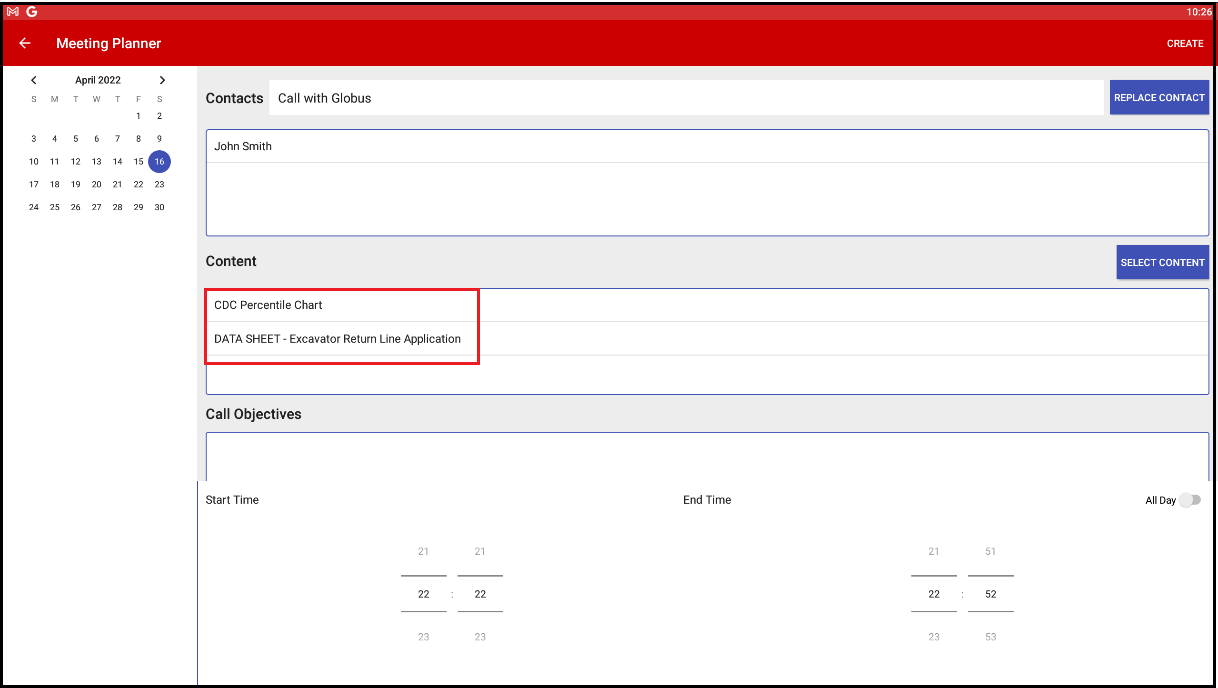 Selected contents displayed