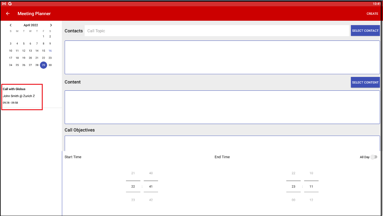 Detailed call is listed below the calendar