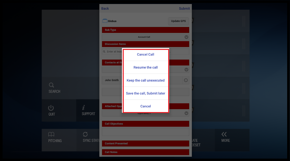 Back option in Post Call Form