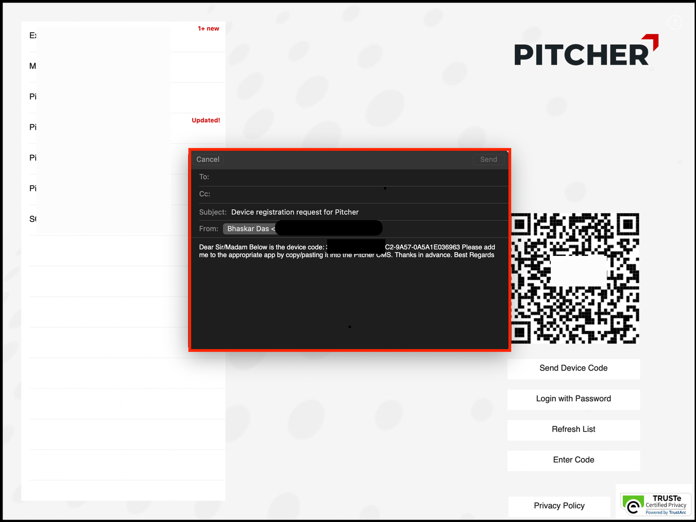 Email Popup for sending the device code