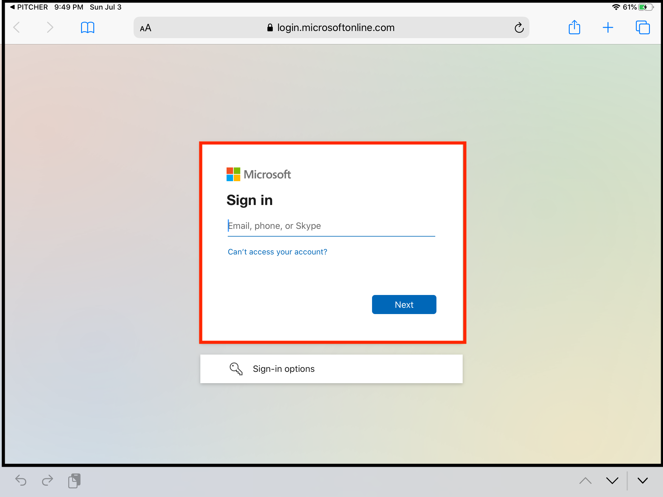 A browser login window for SSO