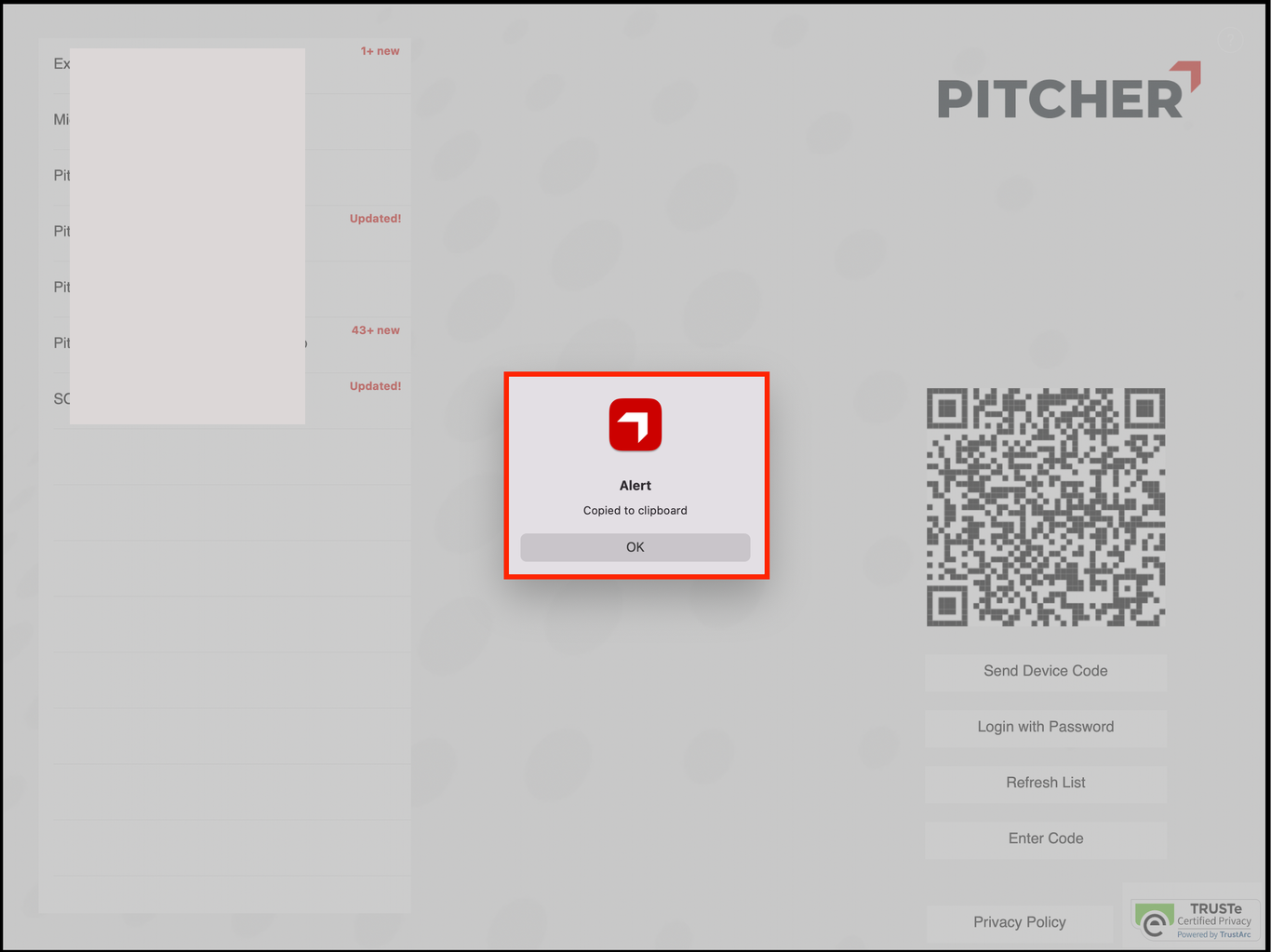 Alert message confirming the device code is copied
