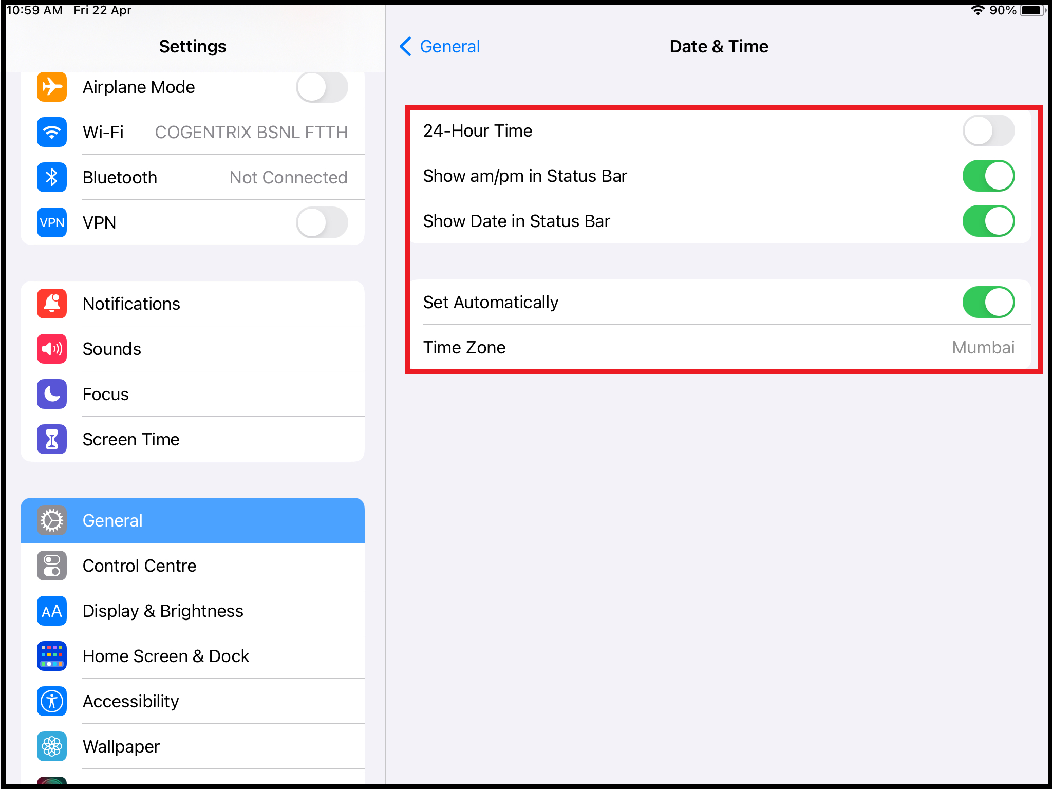 Time Zone settings in iPad