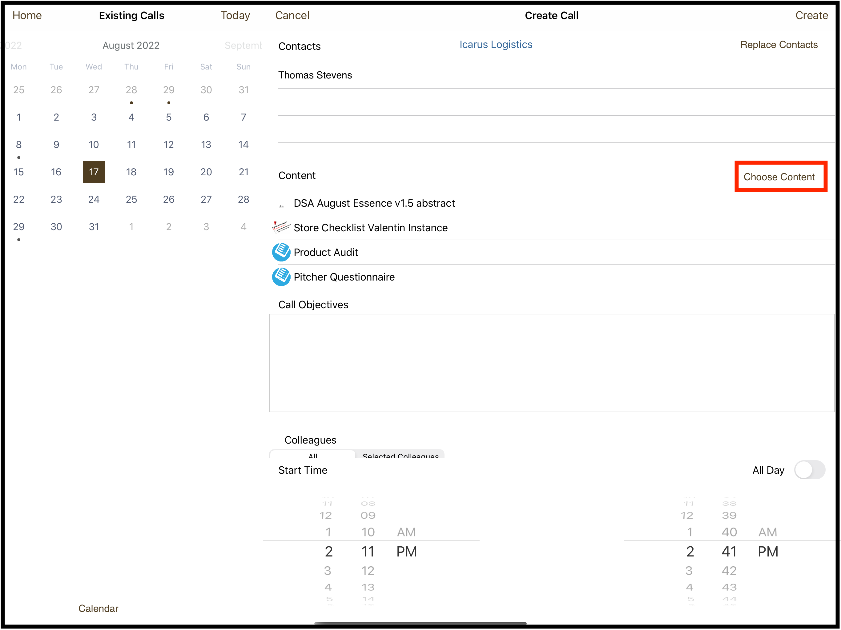 Choose content on the planning page