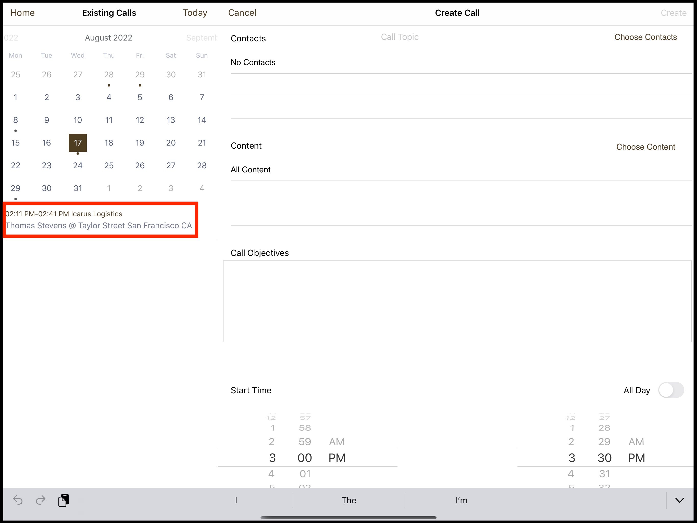 call is shown in the calendar