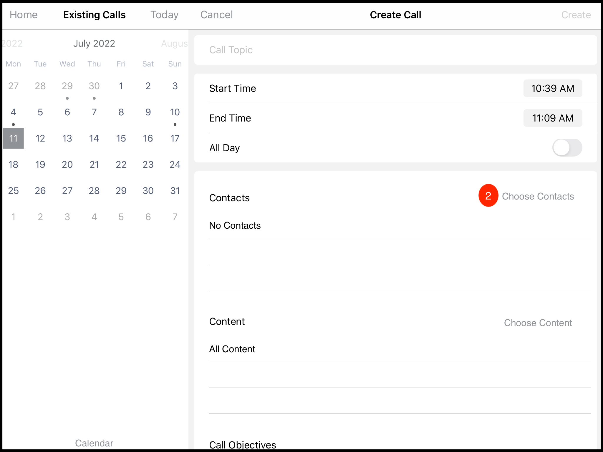 Choose Contacts from the pre-call form